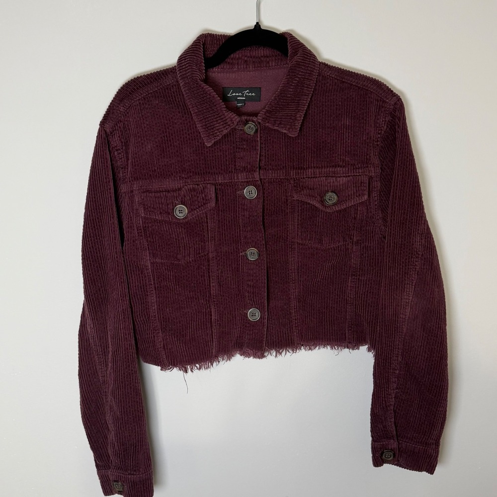 Love Tree Purple Corduroy Cropped Trucker Jacket Raw Hem Grunge Y2K Coquette M